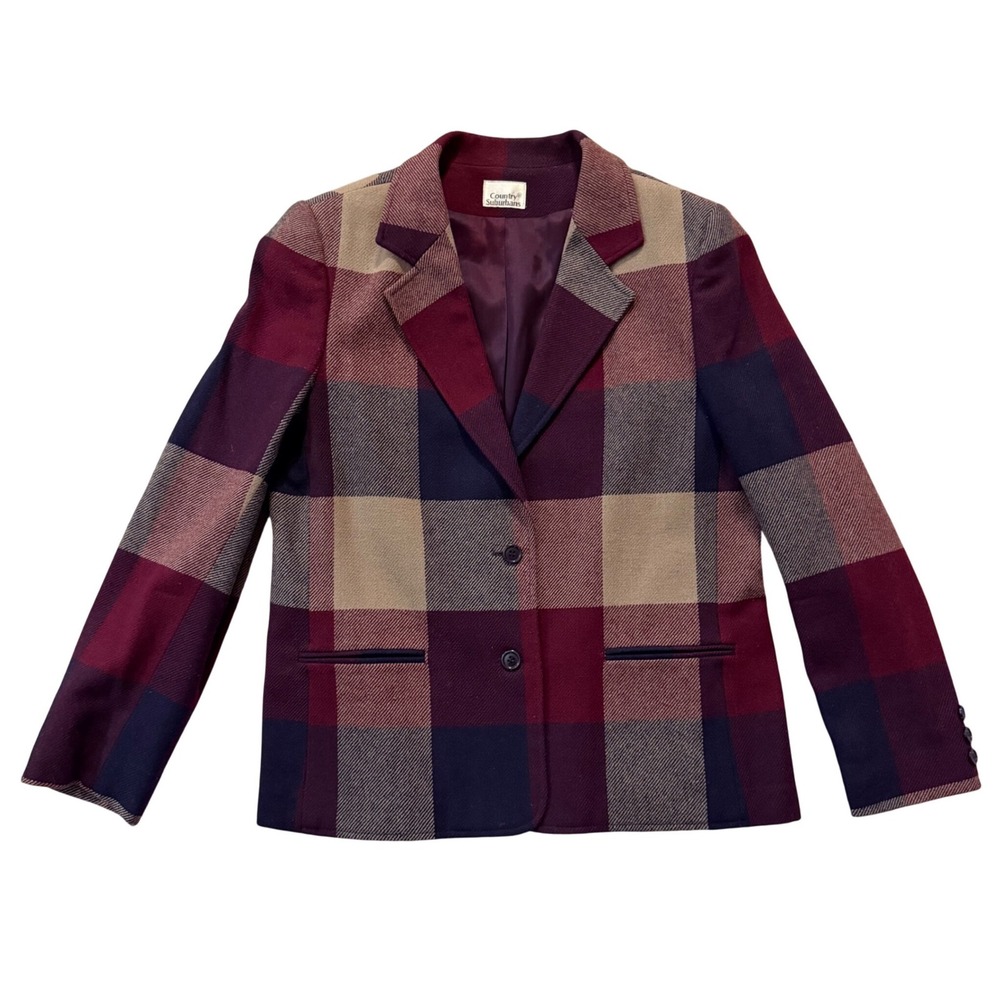 Country Suburbans Vintage Wool Blend Plaid Blazer Jacket Burgundy Purple Size 12